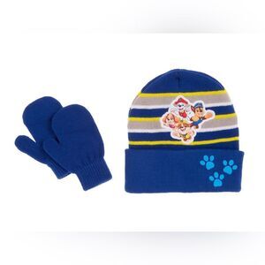 Paw Patrol Blue and Yellow Striped Beanie and Gloves Set